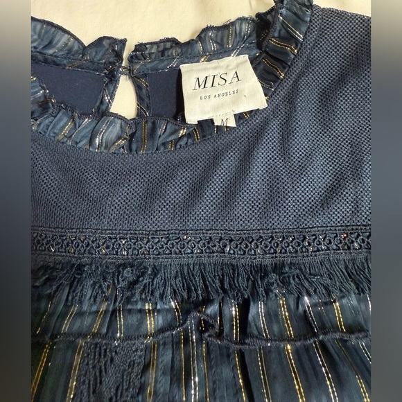 MISA LOS ANGELES Navy blue with gold stripe ruffle accent blouse size M - Picture 9 of 13